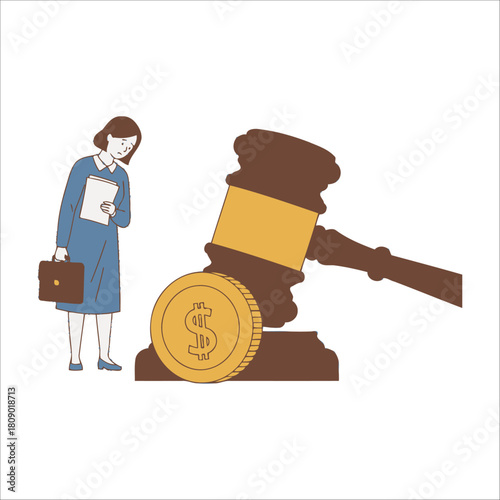 A woman in a blue dress stands next to a gavel and a gold coin, isolated on she holds a briefcase and a document