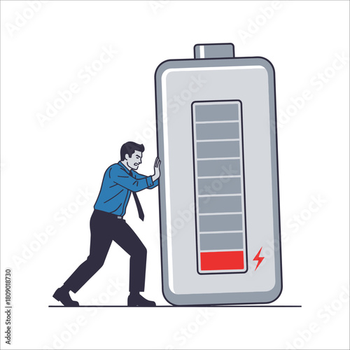 A man is pushing a large battery with low charge, isolated on he is wearing a suit and tie and looks determined