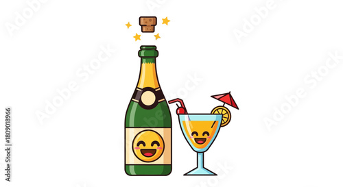 Happy champagne bottle and cocktail flat design
