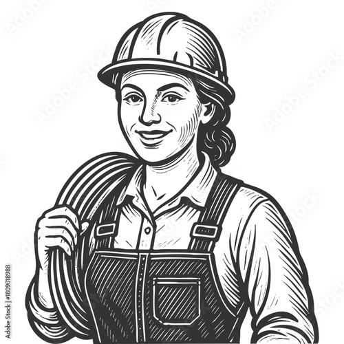 smiling female electrician wearing a hard hat and overalls, carrying coiled cable sketch engraving generative ai fictional character vector illustration. Scratch board imitation. Black and white image