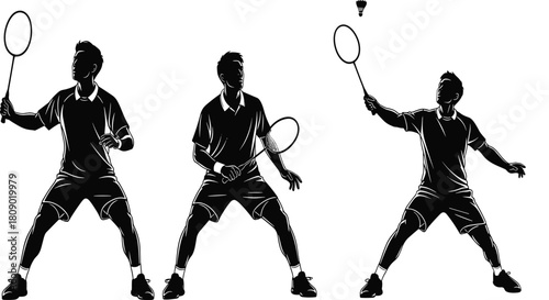 Silhouette set of three male badminton players in action poses, holding rackets and hitting shuttlecock, isolated vector illustration on white background.