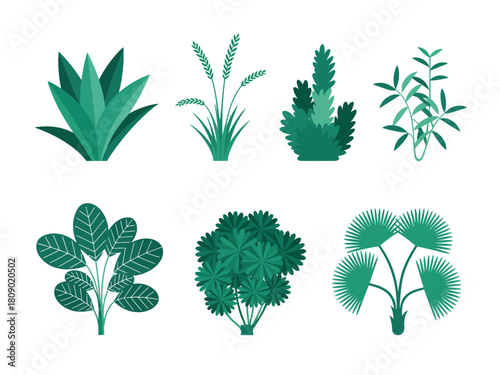 This illustration displays a collection of diverse green plants in various shapes and sizes, emphasizing nature's beauty and abundance, ideal for eco-focused themes and concepts.