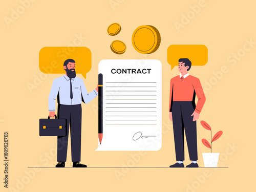 The image depicts two businessmen engaging in a discussion over a contract, expressing negotiation and collaboration in a corporate environment focused on financial agreements.