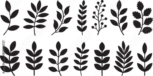 Ten black monochrome branches with diverse leaf shapes form an abstract floral element with transparency