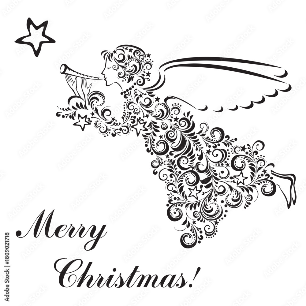 Fototapeta premium Vintage card with Angel and Christmas star isolated on White background. Vector illustration