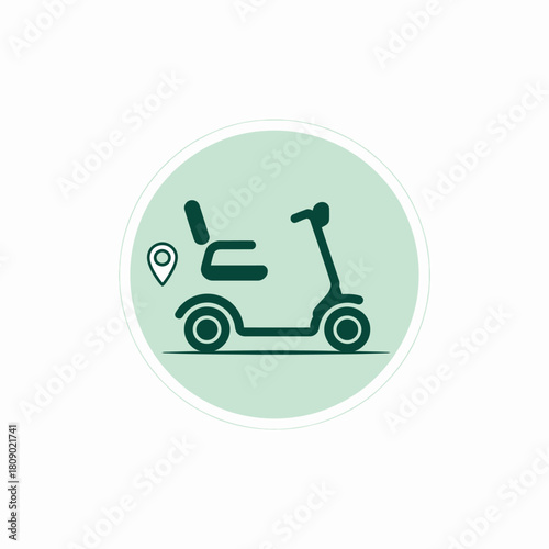 A simple yet effective representation of a mobility scooter, integrated with a location marker icon, emphasizes accessibility and convenience for people seeking better transportation options.