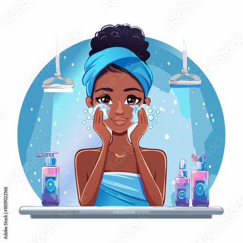 Girl Cleansing Face in Futuristic Bathroom Skincare Routine with Neon Blue Lights and Holographic Details