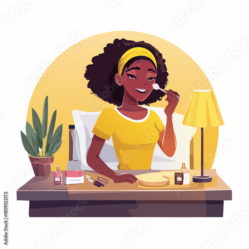 Smiling young woman applying makeup in a cozy, warmly lit home environment, creating a gentle glow as she performs her beauty routine with care and relaxation