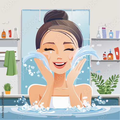 Beautiful woman washing her face with water for a fresh and glowing complexion in a bright bathroom setting