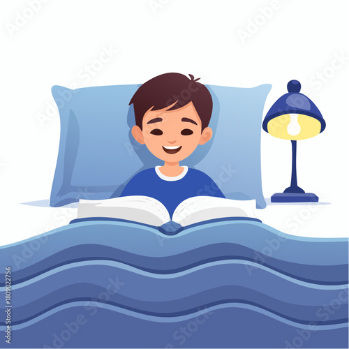 A smiling young boy enjoys a bedtime story, curled up comfortably in bed under a warm blanket with a glowing night lamp
