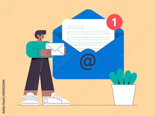 This vibrant illustration depicts a person holding an envelope beside an email icon, symbolizing communication and the importance of staying connected through digital means.