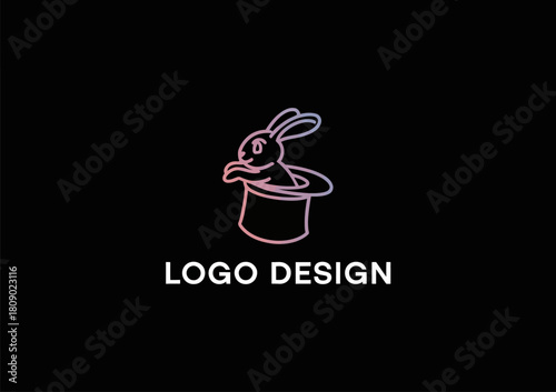 Fun and playful logo featuring a rabbit emerging from a magician's hat, perfect for entertainment, magic shows, or children's events that inspire wonder and excitement.