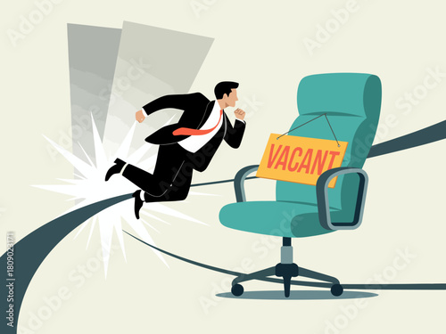 This dynamic image portrays a businessman in a suit running towards an office chair with a 'Vacant' sign, symbolizing urgency and opportunity in the job market.