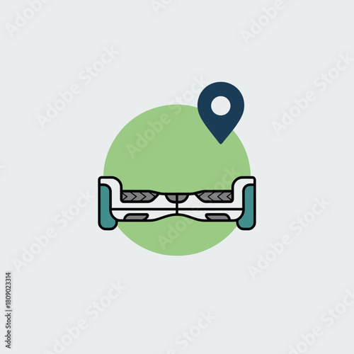 A modern icon featuring a hoverboard alongside a location marker, representing innovation, technology, and urban mobility in a contemporary setting.