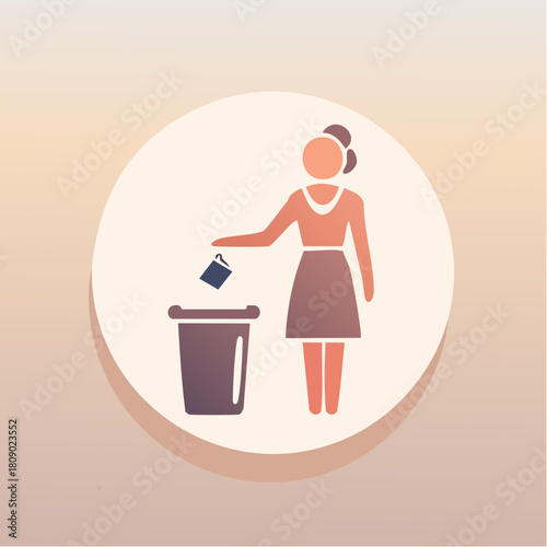 A clean and modern icon depicting a woman discarding waste into a container, symbolizing tidiness and waste management