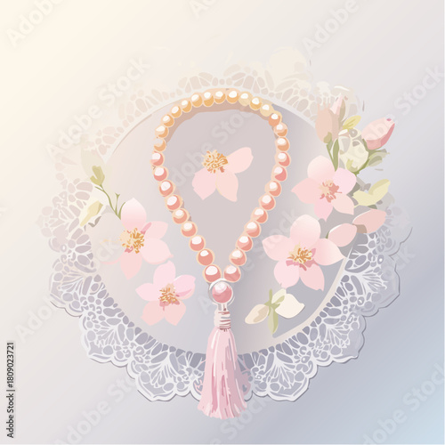 A sophisticated rosary crafted from lustrous pastel beads, adorned with a tassel, delicately set on an intricate lace doily, complemented by soft floral accents and a subtle gradient background