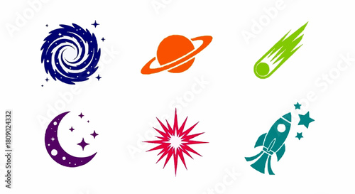 Colorful illustrations of celestial bodies including a galaxy, planet, comet, moon, star, and rocket.