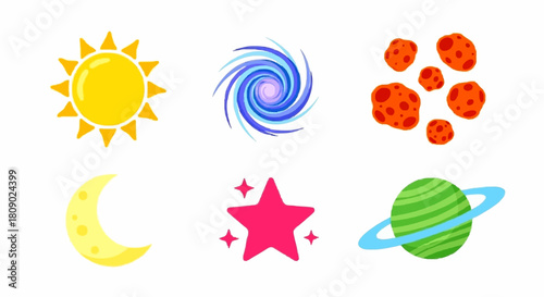 A set of six colorful cartoon space icons featuring a sun, galaxy, asteroids, moon, star, and a ringed planet.