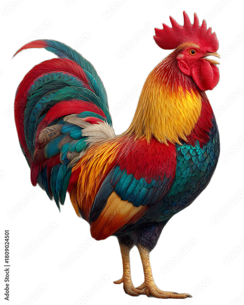 Fototapeta premium Striking portrait of a brightly colored rooster with a red comb, yellow neck feathers, and iridescent tail plumage against a clean black backdrop, showcasing a blend of artistry and nature