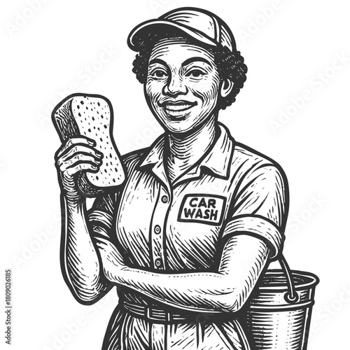 smiling car wash worker holding a sponge and bucket, symbolizing service and labor sketch engraving generative ai fictional character vector illustration. Scratch board imitation. Black and white.