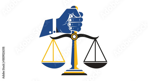 A graphic illustration of a hand in a suit holding the scales of justice, symbolizing law, fairness, and legal authority.