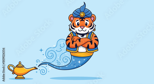 Tiger Genie Emerging from Magic Lamp - Cartoon Fantasy Illustration