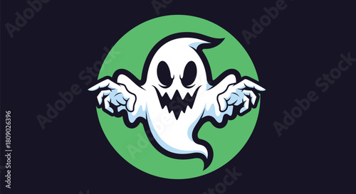 A cartoon white ghost with black eyes and a jagged mouth, extending its arms forward, set against a vibrant green circle on a dark background.