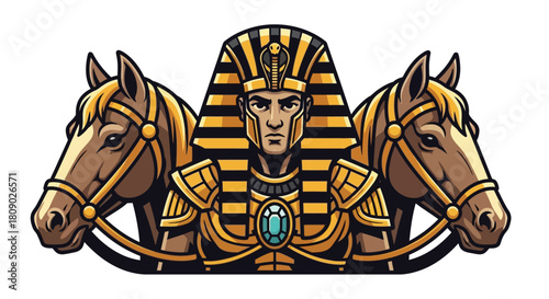 Egyptian Pharaoh with Two Horses - Ancient Egypt Royal Illustration