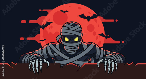 Cartoon mummy emerging from the ground with a red moon and bats in the background.