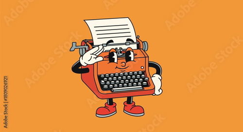 A friendly orange cartoon typewriter character saluting against a solid orange background.