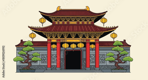 Traditional Chinese temple gate with red roof, pillars, and hanging lanterns, flanked by bonsai trees in a detailed illustration.
