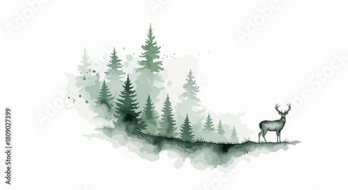 Enchanting watercolor forest landscape with a majestic deer, featuring artistic splatters and splashes of green hues evoking nature's serene beauty