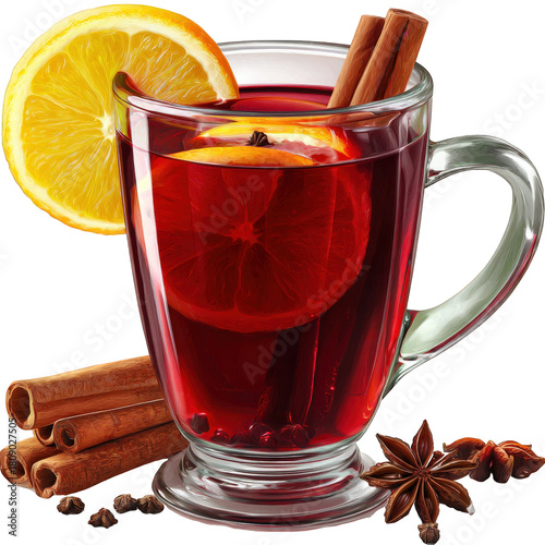 Hot mulled wine in glass mug with lemon, orange, cinnamon sticks and star anise, isolated on transparent background