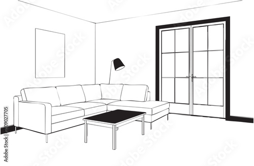 Sketchy linear illustration of living room interior with door