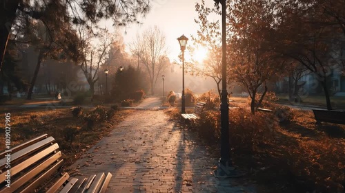 A peaceful park scene features empty benches along a winding path, illuminated by soft morning light. The benches invite visitors to sit and enjoy the tranquil ambiance of the park