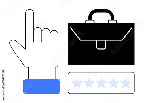 Upward pointing hand alongside briefcase and star rating bar, symbolizing review, quality, decision-making. Ideal for business, hiring, evaluation, feedback, ratings professionalism simple flat