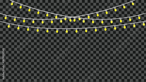 Festive yellow string lights glowing against a dark transparent background for celebrations