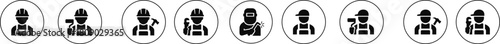 Construction worker icon set builder plumber painter welder engineer maintenance labor character vector pack, black and white and solid professional industry tool avatar symbols for service and repair