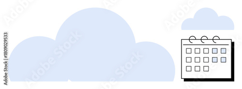 Large cloud beside a spiral-bound calendar with marked dates, showcasing data synchronization, scheduling, and cloud computing. Ideal for productivity, planning, organization, technology, time