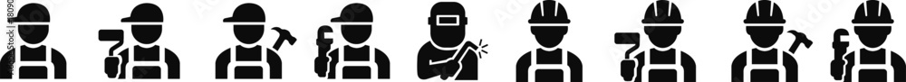 Obraz premium Construction worker icon set builder plumber painter welder engineer maintenance labor character vector pack, black and white and solid professional industry tool avatar symbols for service and repair