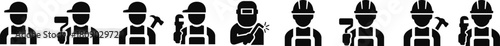 Construction worker icon set builder plumber painter welder engineer maintenance labor character vector pack, black and white and solid professional industry tool avatar symbols for service and repair