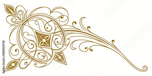 Elegant vector corner motif in sepia-gold featuring intricate filigree scrolls and a central geometric star pattern