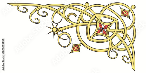 Soft golden corner pattern formed by smooth luminous spirals and fine radiant dust flowing outward from the angle on a clean white background.