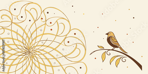 Decorative vector illustration of a small songbird perched on a brown branch with a large, soft golden spiral sunburst pattern on a warm white background.