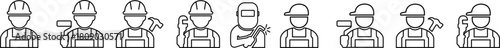 Construction worker icon set builder plumber painter welder engineer maintenance labor character vector pack, black and white and solid professional industry tool avatar symbols for service and repair