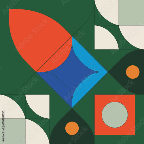 This abstract image features an array of geometric shapes in vibrant colors, creating a visually stimulating composition that balances order and expression, showcasing modern art concepts.