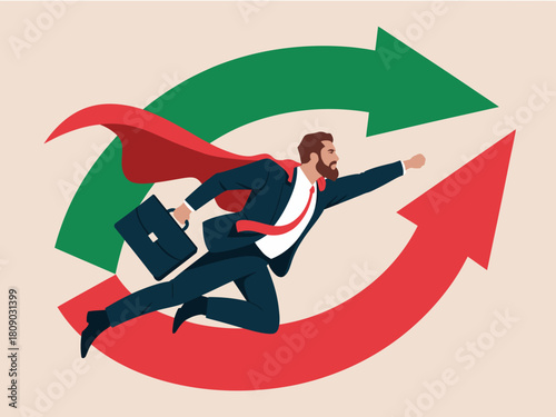 This dynamic image showcases a businessman dressed as a superhero, flying while holding a briefcase, illustrating confidence, ambition, and success in the corporate world.