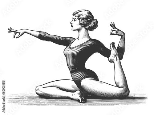 woman in a graceful yoga pose, combining elegance, fitness, and mindfulness themes sketch engraving generative ai fictional character vector illustration. Scratch board imitation. Black and white.