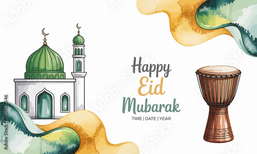 Celebrate Eid Mubarak with this vibrant image featuring a mosque, traditional drum, and artistic swirls, embodying the joy and togetherness of the festival.