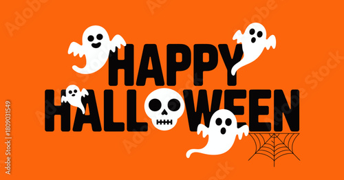 A playful Halloween-themed design featuring bold typography with ghosts and a skull, making it perfect for festive decorations and spooky events or parties.